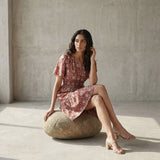 Red Floral Block Print Cotton Elasticated Short Tier Dress