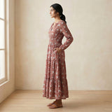 Red Floral Block Print Cotton Fit and Flare Maxi Tier Dress