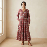 Red Floral Block Print Cotton Fit and Flare Maxi Tier Dress