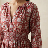 Red Floral Block Print Cotton Fit and Flare Maxi Tier Dress