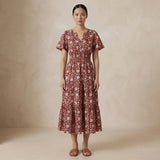Red Floral Block Print Cotton Flutter Sleeve Tie-Back Tiered Midi Dress
