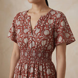 Red Floral Block Print Cotton Flutter Sleeve Tie-Back Tiered Midi Dress