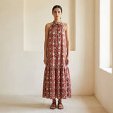 Red Floral Block Print Cotton Halter-Neck Sleeveless Midi Tier Dress