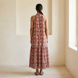 Red Floral Block Print Cotton Halter-Neck Sleeveless Midi Tier Dress