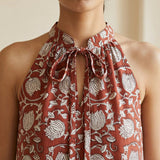 Red Floral Block Print Cotton Halter-Neck Sleeveless Midi Tier Dress