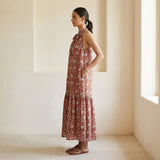 Red Floral Block Print Cotton Halter-Neck Sleeveless Midi Tier Dress