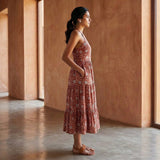 Red Floral Block Print Cotton Halter Neck Tier Midi Dress