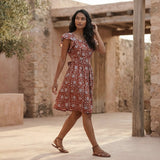 Red Floral Block Print Cotton Open-Back Fit and Flare Knee Length Dress