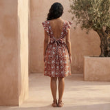 Red Floral Block Print Cotton Open-Back Fit and Flare Knee Length Dress