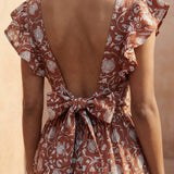 Red Floral Block Print Cotton Open-Back Fit and Flare Knee Length Dress