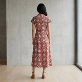 Red Floral Block Print Cotton Paneled A-Line Midi Dress