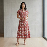 Red Floral Block Print Cotton Paneled A-Line Midi Dress