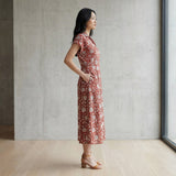 Red Floral Block Print Cotton Paneled A-Line Midi Dress