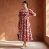Red Floral Block Print Cotton Puff Sleeves Off-Shoulder Midi Dress