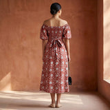 Red Floral Block Print Cotton Puff Sleeves Off-Shoulder Midi Dress