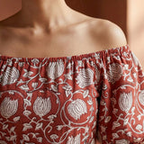 Red Floral Block Print Cotton Puff Sleeves Off-Shoulder Midi Dress