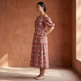 Red Floral Block Print Cotton Puff Sleeves Off-Shoulder Midi Dress