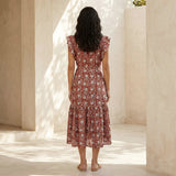 Red Floral Block Print Cotton Ruffle Midi Wrap Dress
