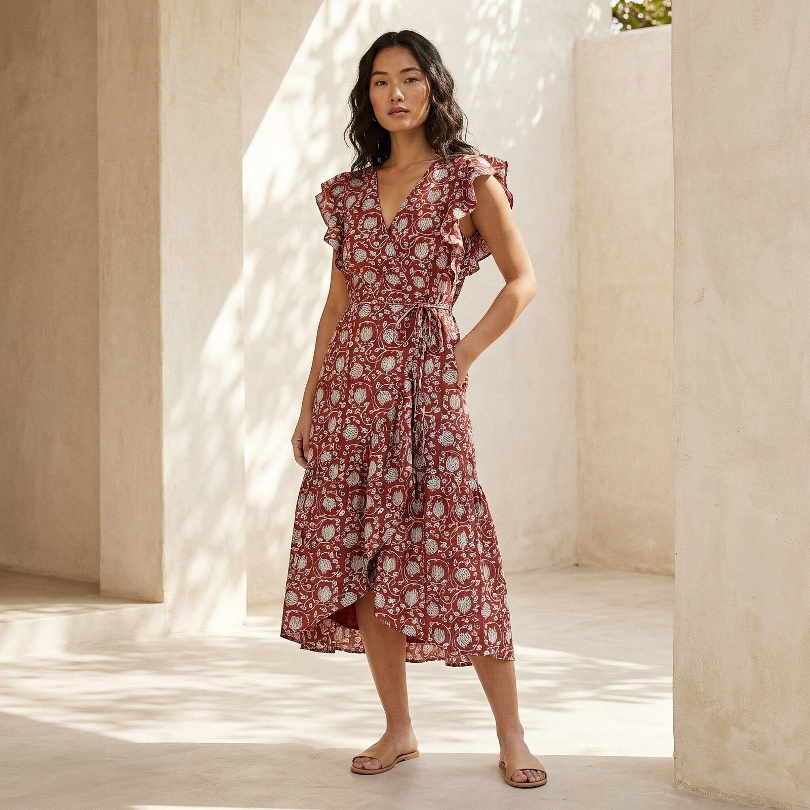 red floral midi dress Buy Red Floral Block Print Cotton Ruffle Midi Wrap Dress Online at  SeamsFriendly