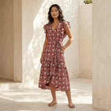 Red Floral Block Print Cotton Ruffle Midi Wrap Dress