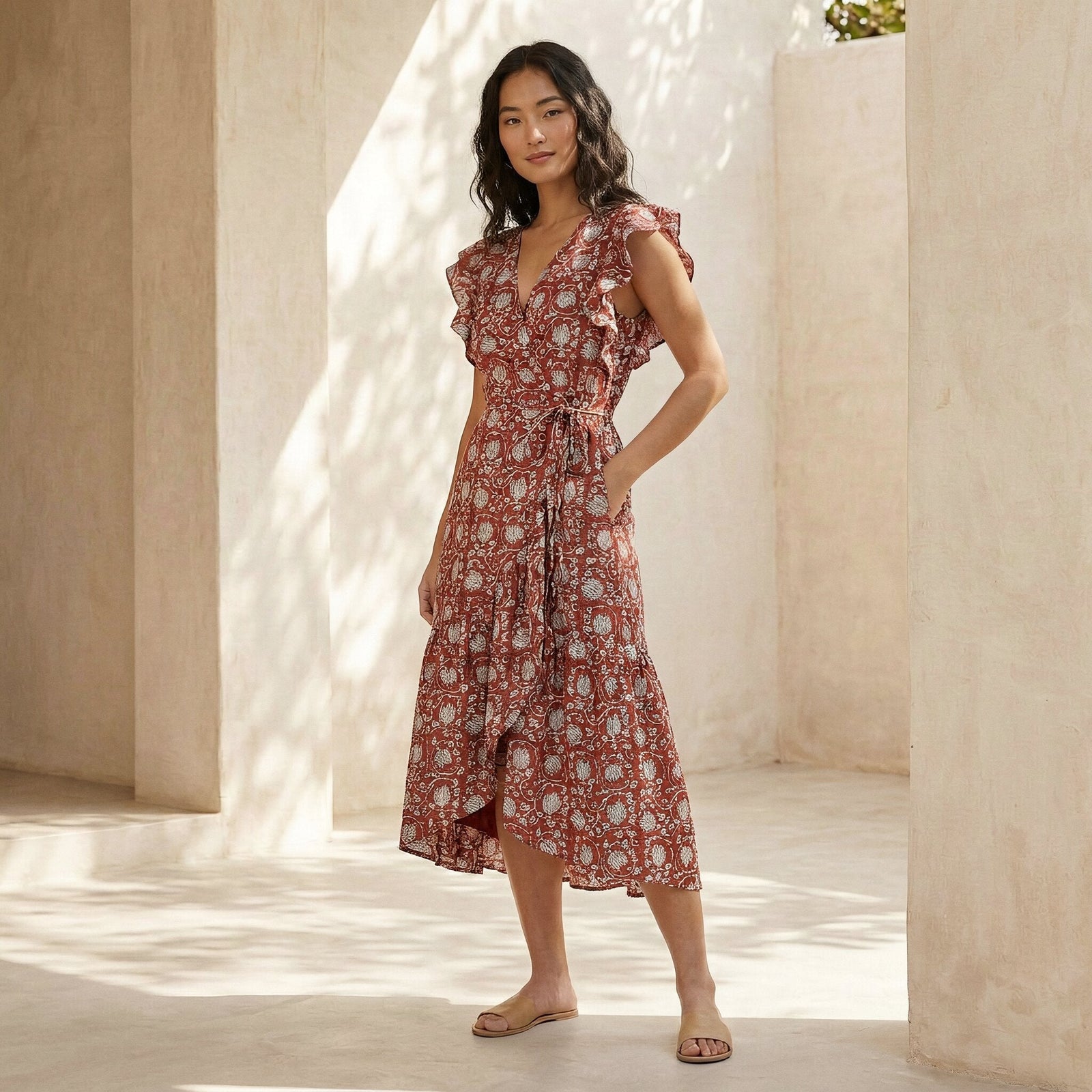 Buy Red Floral Block Print Cotton Ruffle Midi Wrap Dress Online at SeamsFriendly Buy Red Floral Block Print Cotton Ruffle Midi Wrap Dress Online at SeamsFriendly