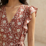 Red Floral Block Print Cotton Ruffle Midi Wrap Dress