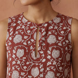 Red Floral Block Print Cotton Sleeveless A-Line Short Shift Dress