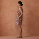 Red Floral Block Print Cotton Sleeveless A-Line Short Shift Dress