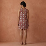 Red Floral Block Print Cotton Sleeveless A-Line Short Shift Dress