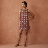 Red Floral Block Print Cotton Sleeveless A-Line Short Shift Dress
