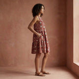Red Floral Block Print Cotton Tiered Mini Sundress