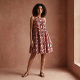 Red Floral Block Print Cotton Tiered Mini Sundress