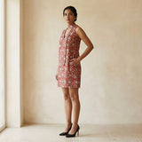Red Floral Block Print Cotton V-Neck Short Shift Dress with Scarf-Belt
