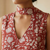 Red Floral Block Print Cotton V-Neck Short Shift Dress with Scarf-Belt