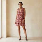 Red Floral Block Print Cotton V-Neck Short Shift Dress with Scarf-Belt