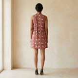 Red Floral Block Print Cotton V-Neck Short Shift Dress with Scarf-Belt