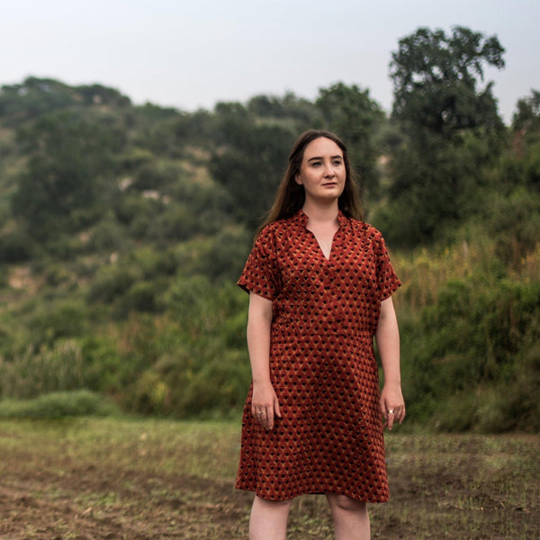 Front View of a Model wearing Bagru Floral Block Printed Cotton Dress