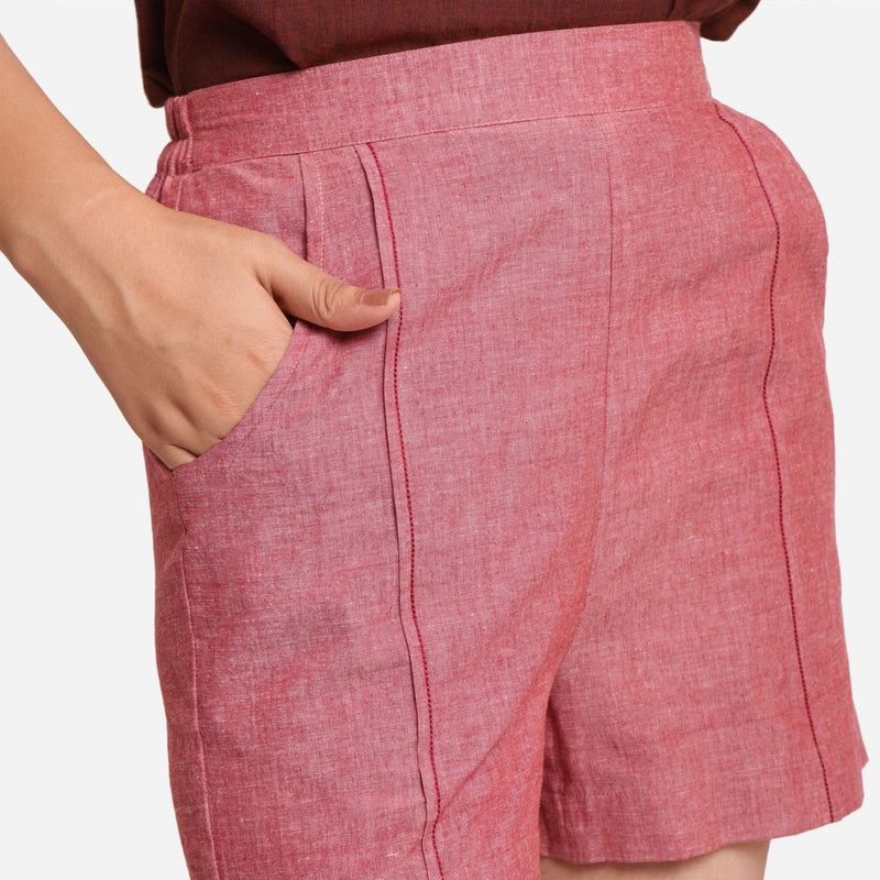 Front Detail of a Model wearing Handspun Solid Red Casual Cotton Shorts