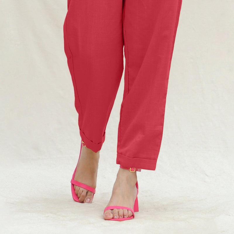 Red Handspun Cotton High-Rise Elasticated Paperbag Pant