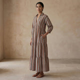 Red Leaf Block Print Cotton Deep-V Maxi Tier Dress