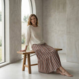 Red Leaf Block Print Cotton Elasticated Maxi Tier Skirt