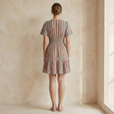 Red Leaf Block Print Cotton Elasticated Short Tier Dress
