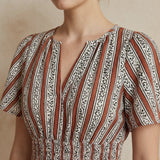 Red Leaf Block Print Cotton Elasticated Short Tier Dress