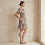 Red Leaf Block Print Cotton Elasticated Short Tier Dress