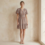 Red Leaf Block Print Cotton Elasticated Short Tier Dress