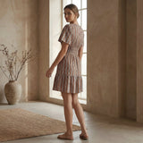 Red Leaf Block Print Cotton Elasticated Short Tier Dress