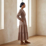 Red Leaf Block Print Cotton Fit and Flare Maxi Tier Dress