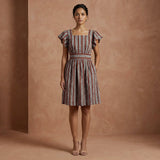 Red Leaf Block Print Cotton Open-Back Fit and Flare Knee Length Dress