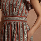 Red Leaf Block Print Cotton Open-Back Fit and Flare Knee Length Dress