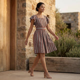 Red Leaf Block Print Cotton Open-Back Fit and Flare Knee Length Dress